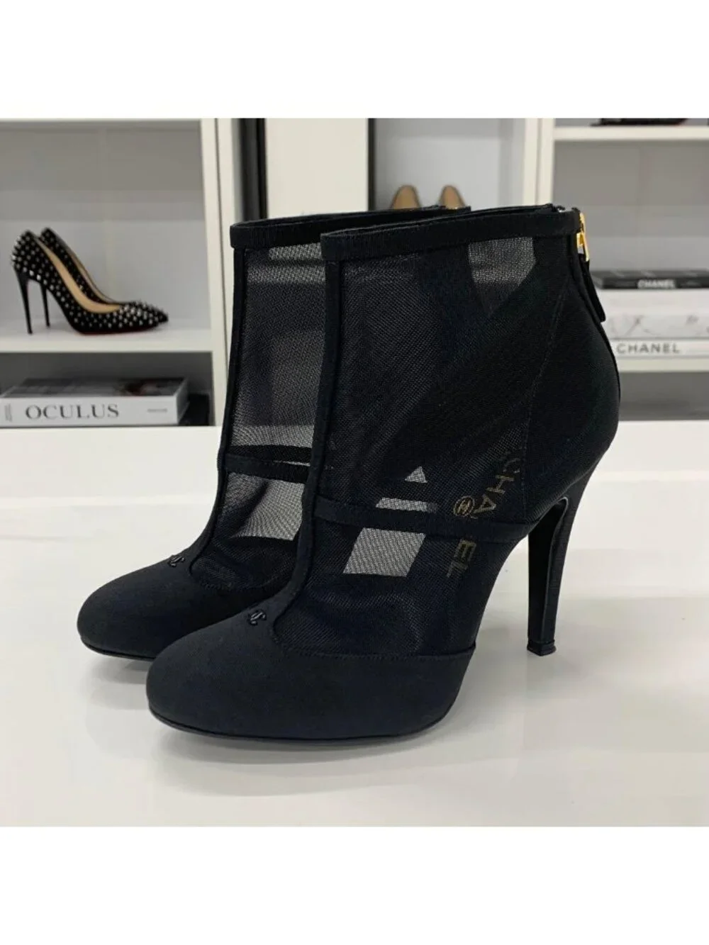 Chanel Mesh Fabric Coco Mark Short Boots Black